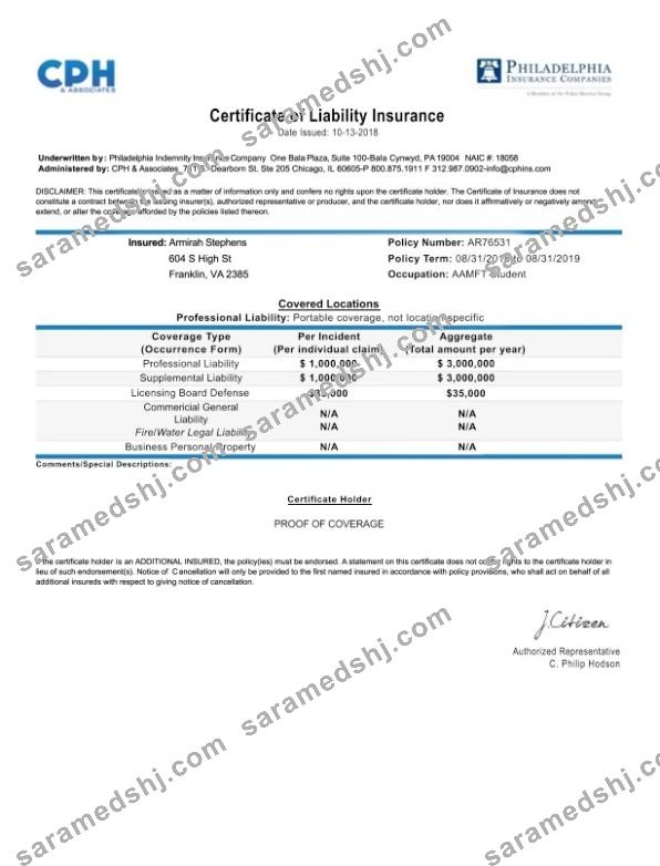 USA Pennsylvania Certificate of Liability Insurance